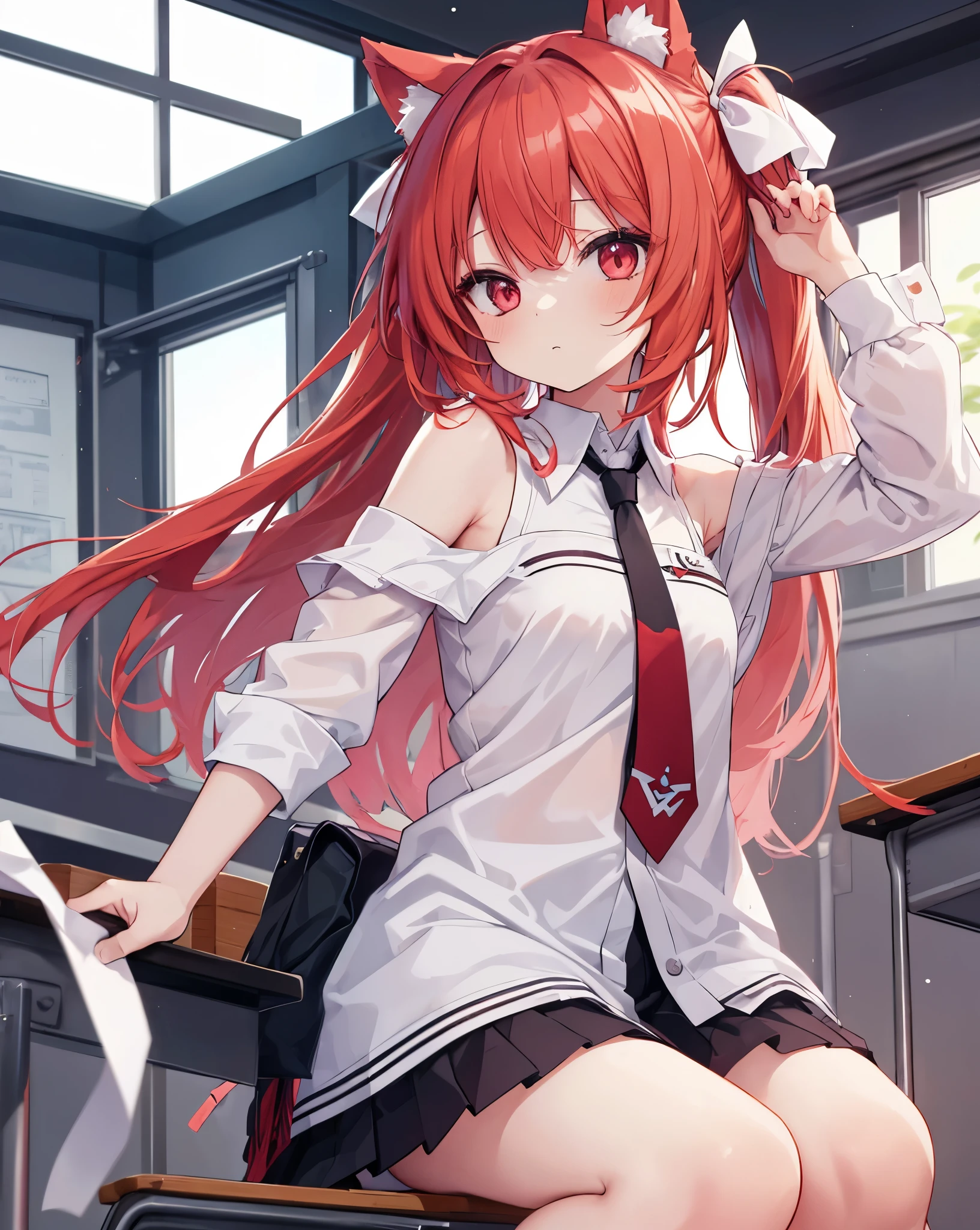 High quality, koroti_itsuka,1girl, solo, neko ears, untied necktie, laying bottom up on a school desk in a school class, White ribbons to tie hairs,random dynamic scene , bare shoulders , long red hair, vibrant red eyes