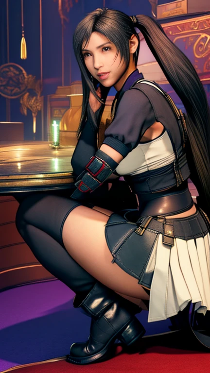 (Golden Ratio,Tabletop, Highest quality, Highest quality, beautifully、beautiful:1.2), Very detailed, colorful,Best details, (Adult,19 years old,One Girl, alone, Final Fantasy 7,Tifa,Long Hair, Hair blowing in the wind,ponytail,TifaCostume, Huge , mini skirt,Micro panties:1.2,Thigh-high boots, Thighs Thighs Thighs Thighs, gem,A look of contempt,See the trash, her hand lifts her skirt.,Show me your pants,trying to trample on you