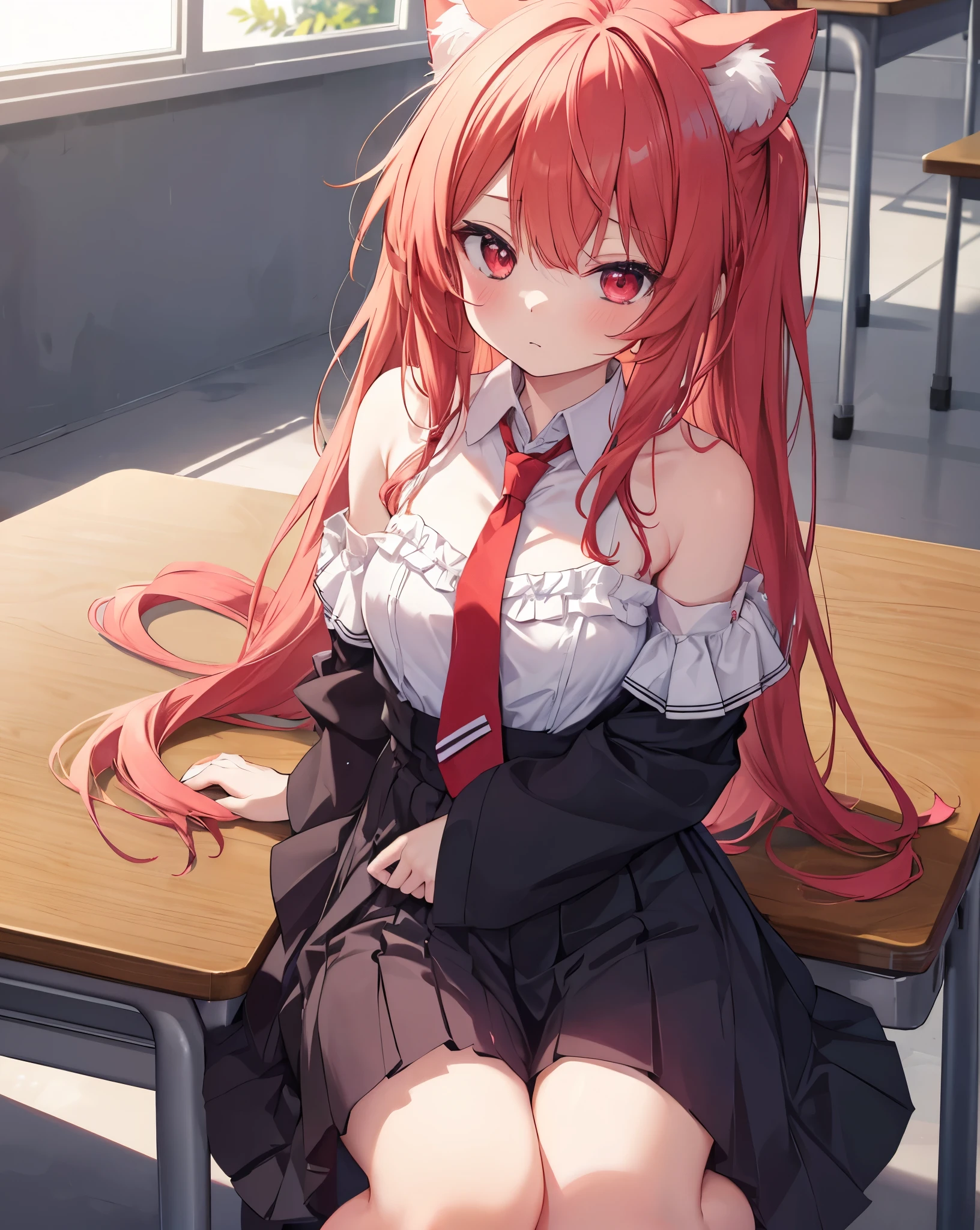 High quality, koroti_itsuka,1girl, solo, neko ears, untied necktie, laying bottom up on a school desk in a school class, White ribbons to tie hairs,random dynamic scene , bare shoulders , long red hair, vibrant red eyes