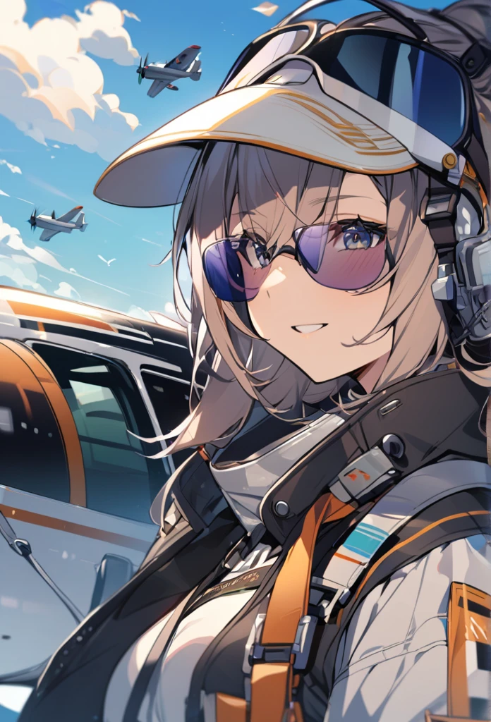 One girl,pilot、plane、sunglasses、A relaxed expression
