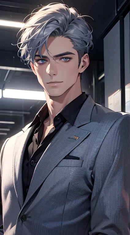 (best quality,4k,8k,highres,masterpiece:1.2),ultra-detailed,(realistic,photorealistic,photo-realistic:1.37),1 man,31 years old,mature man,very handsome,without expression,smile,short grey blue hair,blue eyes,penetrating gaze,perfect face without errors,imposing posture,businessman,office background,cinematic lighting,hdr image