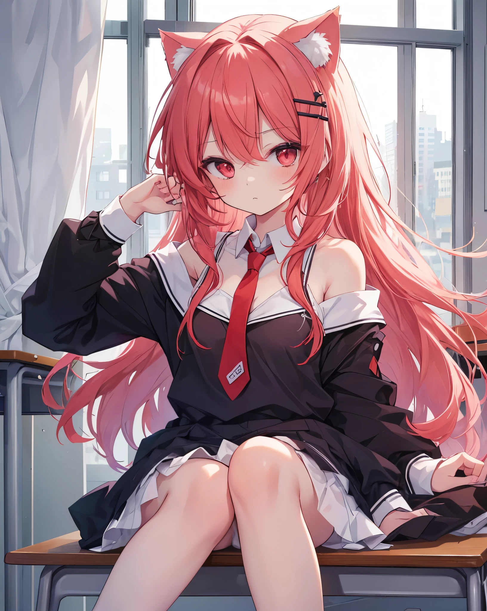 High quality, koroti_itsuka,1girl, solo, neko ears, untied necktie, laying bottom up on a school desk in a school class, White ribbons to tie hairs,random dynamic scene , bare shoulders , long red hair, vibrant red eyes