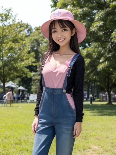 Japanese female, a lot of details, (underweight), detailed black hair, beautiful detailed hair, super  beautiful, delicate beautiful face, complex details beautiful and delicate eyes, perfect hands, (flat chest best quality:1.5), perfect and delicate limbs, detailed skin, best quality, ultra-detailed,(cheerful grin:1.5),
park, standing, (touching nose), semi long, (long-sleeved t-shirt), (overalls), (pink cap), Japanese, in the park, blue sky and shining lights, chill atmosphere, (full body shot), low angle shot, golden hour