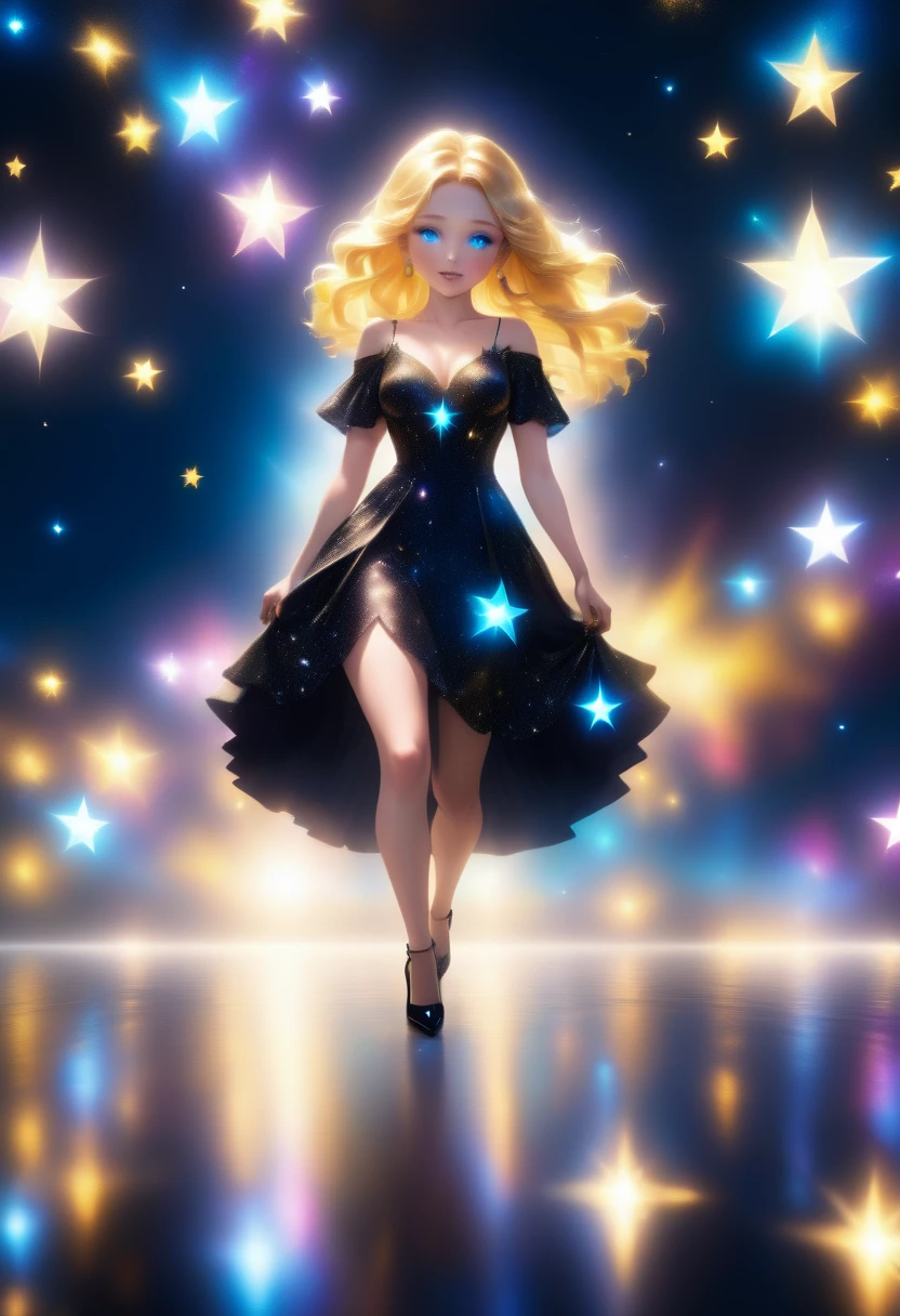 a glamour picture shot, of an elite model covered in stars, walking on a (dark catwalk: 1.2), an extraordinary glamourous elite female model, ((full body: 1.5)),  ((anatomically correct: 1.5), (ultra detailed face: 1.2), best detailed face, yrllow hair, long hair, lush hair, glam hair cut, blue eyes, delicate face, light make up, wearing intricate detailed dress, glamour dress, haute couture dress, elite fashion dress, black as night dress, decorated with bright stars, starlight,  small cleavage, wearing high heels, elegant high heels, she wears diamond necklace, she is glows in a soft starry light, she walks on (asteroid catwalk: 1.2), elite fashion show background, vibrant, Hyperrealism style, vibrant, Ultra-high resolution, High Contrast, (masterpiece:1.5), highest quality, Best aesthetics), best details, best quality, highres, ultra wide angle, 16k, [ultra detailed], masterpiece, best quality, (extremely detailed) RAW, chumbasket art style, magical sky, star
