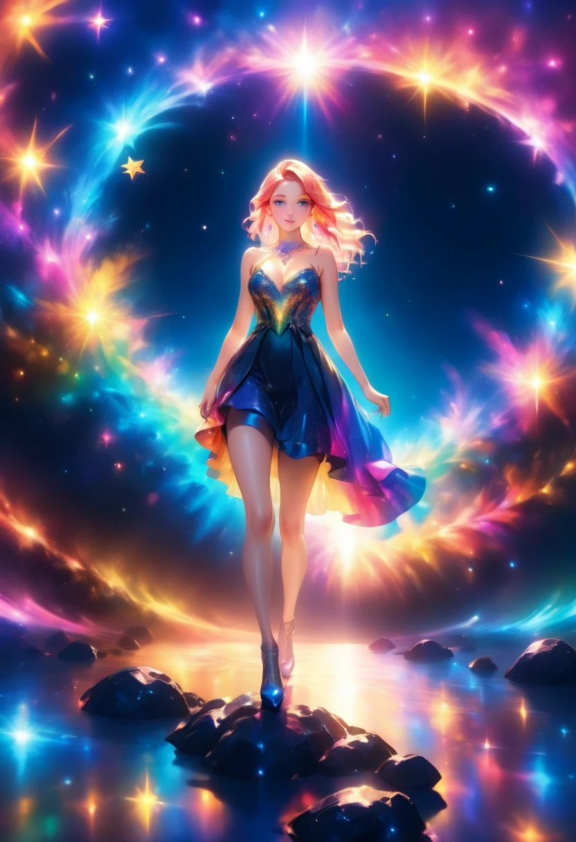 a glamour picture shot, of an elite model covered in stars, walking on a (dark catwalk: 1.2), an extraordinary glamourous elite female model, ((full body: 1.5)),  ((anatomically correct: 1.5), (ultra detailed face: 1.2), best detailed face, yrllow hair, long hair, lush hair, glam hair cut, blue eyes, delicate face, light make up, wearing intricate detailed dress, glamour dress, haute couture dress, elite fashion dress, black as night dress, decorated with bright stars, starlight,  small cleavage, wearing high heels, elegant high heels, she wears diamond necklace, she is glows in a soft starry light, she walks on (asteroid catwalk: 1.2), elite fashion show background, vibrant, Hyperrealism style, vibrant, Ultra-high resolution, High Contrast, (masterpiece:1.5), highest quality, Best aesthetics), best details, best quality, highres, ultra wide angle, 16k, [ultra detailed], masterpiece, best quality, (extremely detailed) RAW, chumbasket art style, magical sky, star