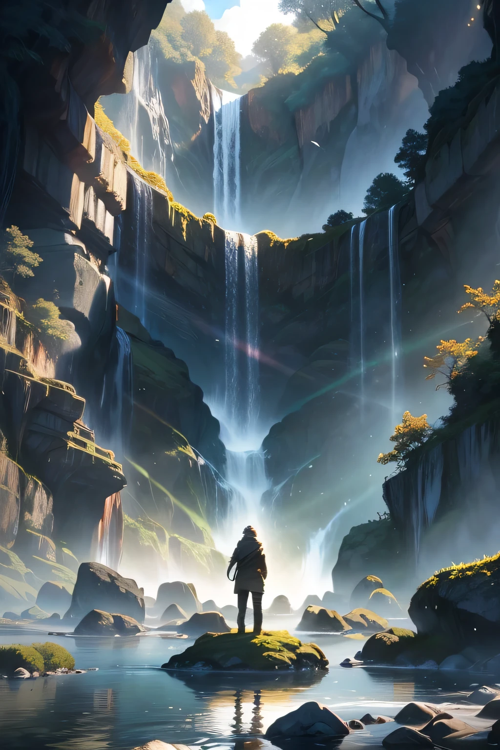 shadow man, distant, under a waterfall, Rocks around the waterfall, sun reflections ,((artwork)), ((image from afar)), ((expansive image)). 4k, ((high quality)), ((very beautiful environment))
