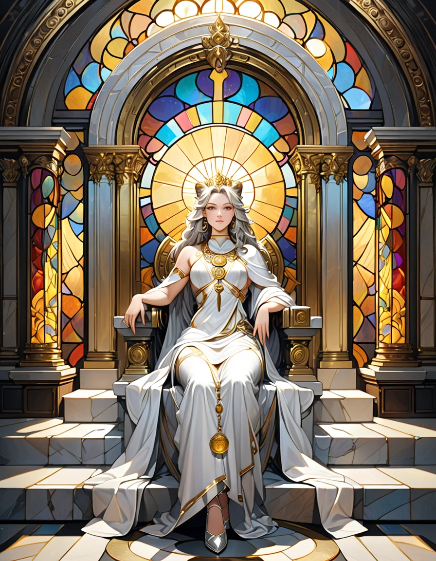  Classic Oil painting of an anthropomorphic Lionness God of Light stqnding, in a white toga with silver trim, and intricate gold amulet. Close behind her a square marble throne, ornate stained glass circular window behind her. Small stone steps leading up to her. Cinematic Look, highest quality, highly detailed, 