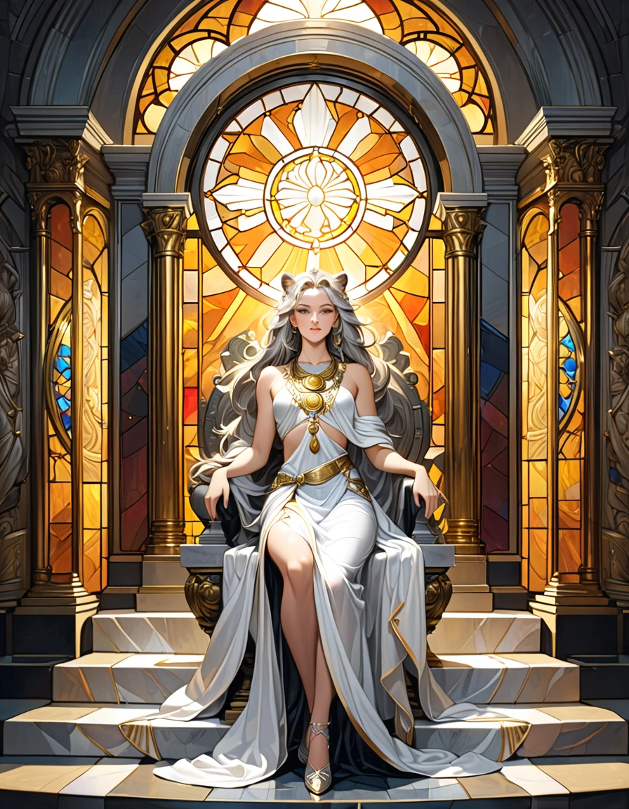 Classic Oil painting of an anthropomorphic Lionness God of Light stqnding, in a white toga with silver trim, and intricate gold amulet. Close behind her a square marble throne, ornate stained glass circular window behind her. Small stone steps leading up to her. Cinematic Look, highest quality, highly detailed,