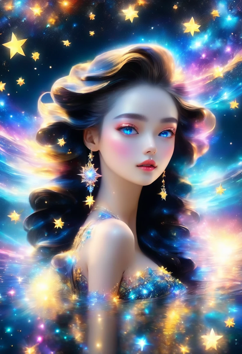 a glamour picture shot, of an elite model covered in stars, walking on a (dark catwalk: 1.2), an extraordinary glamourous elite female model, ((full body: 1.5)),  ((anatomically correct: 1.5), (ultra detailed face: 1.2), best detailed face, yrllow hair, long hair, lush hair, glam hair cut, blue eyes, delicate face, light make up, wearing intricate detailed dress, glamour dress, haute couture dress, elite fashion dress, black as night dress, decorated with bright stars, starlight,  small cleavage, wearing high heels, elegant high heels, she wears diamond necklace, she is glows in a soft starry light, she walks on (asteroid catwalk: 1.2), elite fashion show background, vibrant, Hyperrealism style, vibrant, Ultra-high resolution, High Contrast, (masterpiece:1.5), highest quality, Best aesthetics), best details, best quality, highres, ultra wide angle, 16k, [ultra detailed], masterpiece, best quality, (extremely detailed) RAW, chumbasket art style, magical sky, star