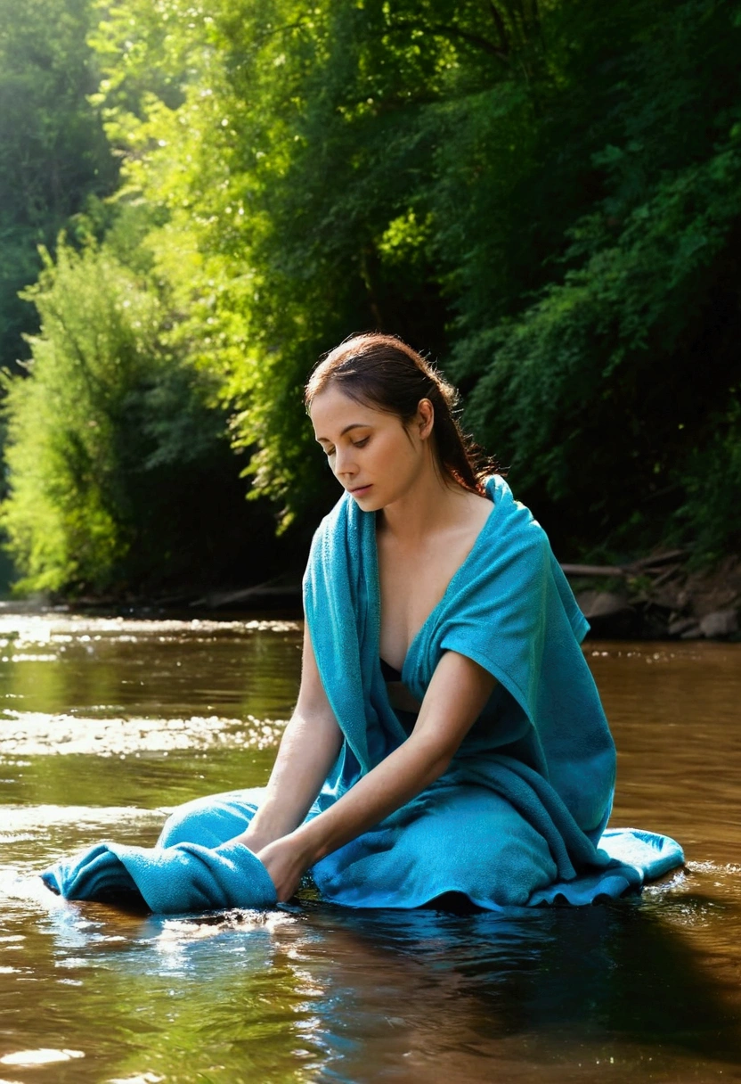 A beautiful woman washes clothes in the river, she only wears a towel