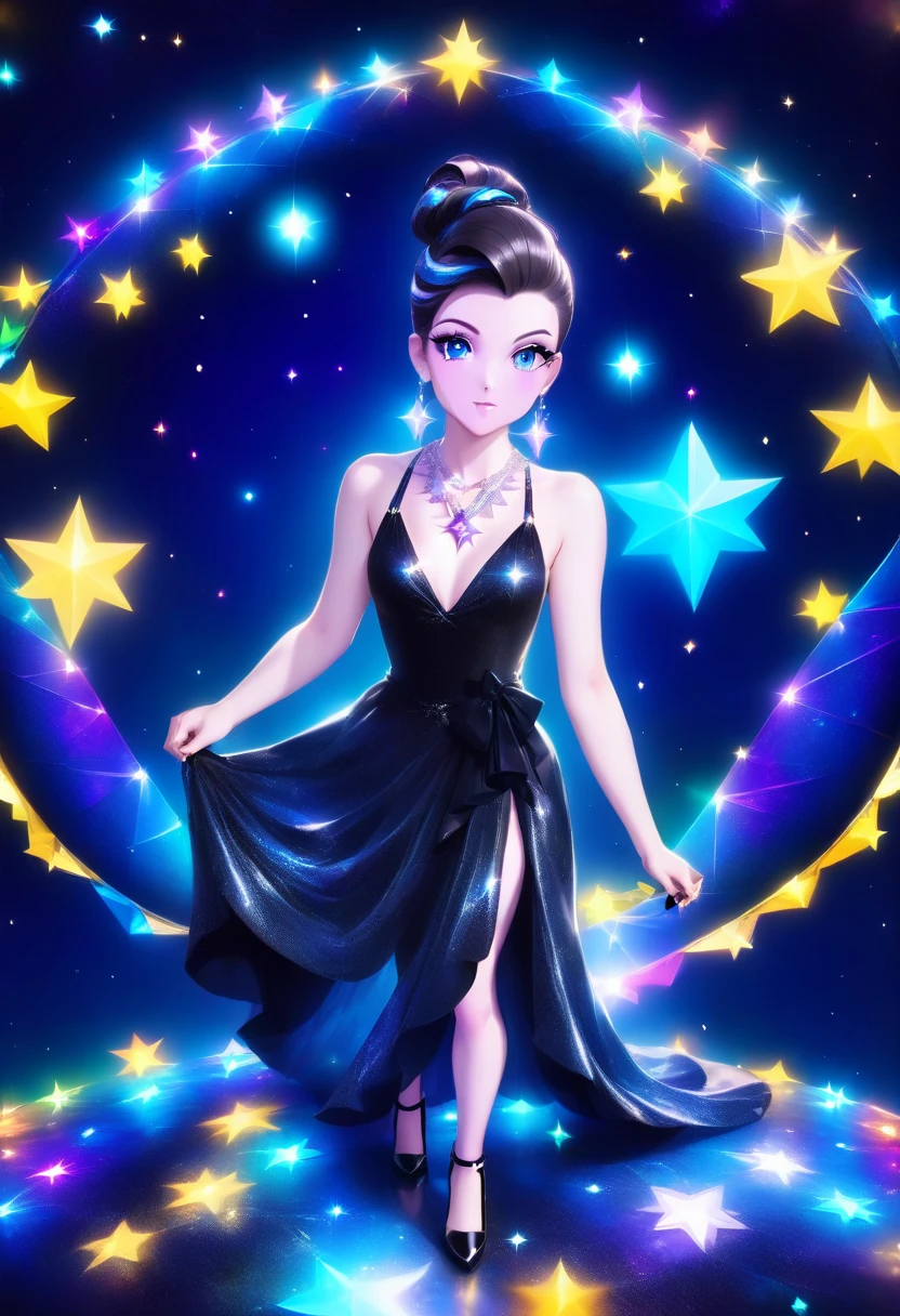 a glamour picture shot, of an elite model covered in stars, walking on a (dark catwalk: 1.2), an extraordinary glamourous elite female model, ((full body: 1.5)),  ((anatomically correct: 1.5), (ultra detailed face: 1.2), best detailed face, yrllow hair, long hair, lush hair, glam hair cut, blue eyes, delicate face, light make up, wearing intricate detailed dress, glamour dress, haute couture dress, elite fashion dress, black as night dress, decorated with bright stars, starlight,  small cleavage, wearing high heels, elegant high heels, she wears diamond necklace, she is glows in a soft starry light, she walks on (asteroid catwalk: 1.2), elite fashion show background, vibrant, Hyperrealism style, vibrant, Ultra-high resolution, High Contrast, (masterpiece:1.5), highest quality, Best aesthetics), best details, best quality, highres, ultra wide angle, 16k, [ultra detailed], masterpiece, best quality, (extremely detailed) RAW, chumbasket art style, magical sky, star