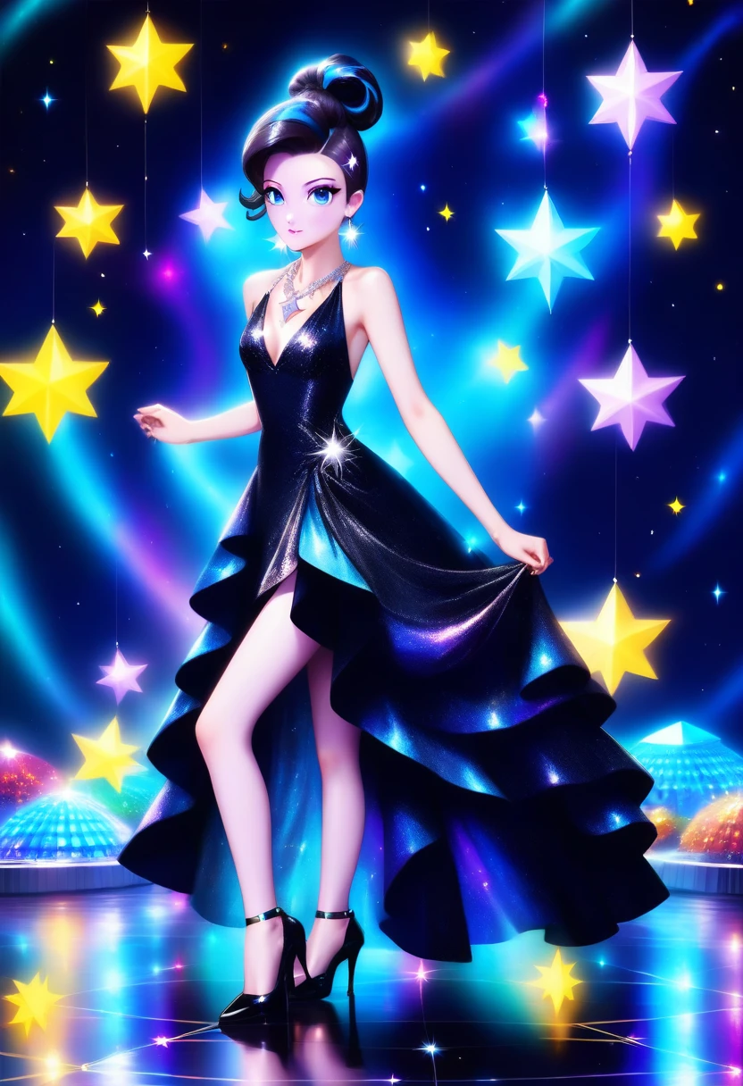 a glamour picture shot, of an elite model covered in stars, walking on a (dark catwalk: 1.2), an extraordinary glamourous elite female model, ((full body: 1.5)),  ((anatomically correct: 1.5), (ultra detailed face: 1.2), best detailed face, yrllow hair, long hair, lush hair, glam hair cut, blue eyes, delicate face, light make up, wearing intricate detailed dress, glamour dress, haute couture dress, elite fashion dress, black as night dress, decorated with bright stars, starlight,  small cleavage, wearing high heels, elegant high heels, she wears diamond necklace, she is glows in a soft starry light, she walks on (asteroid catwalk: 1.2), elite fashion show background, vibrant, Hyperrealism style, vibrant, Ultra-high resolution, High Contrast, (masterpiece:1.5), highest quality, Best aesthetics), best details, best quality, highres, ultra wide angle, 16k, [ultra detailed], masterpiece, best quality, (extremely detailed) RAW, chumbasket art style, magical sky, star