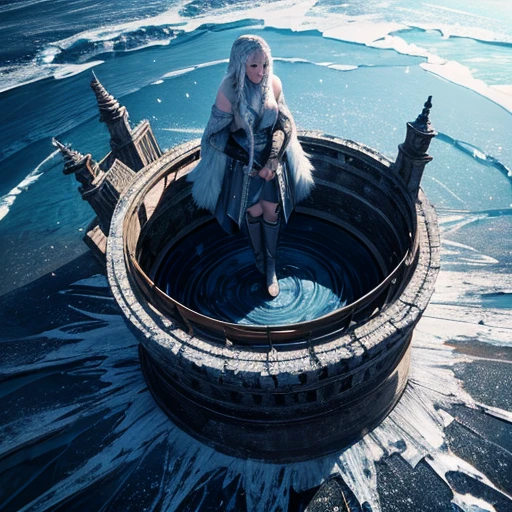 High-resolution wallpapers, Shining arcs and metallic strands of light on the frozen surface of a lake, Movie poster style and high definition top view photography, Game of Thrones style, Unpleasant, Horror, Scary look, Ultra-high resolution, 8k resolution, Balanced, High Dynamic Range Color, Strong Highlights