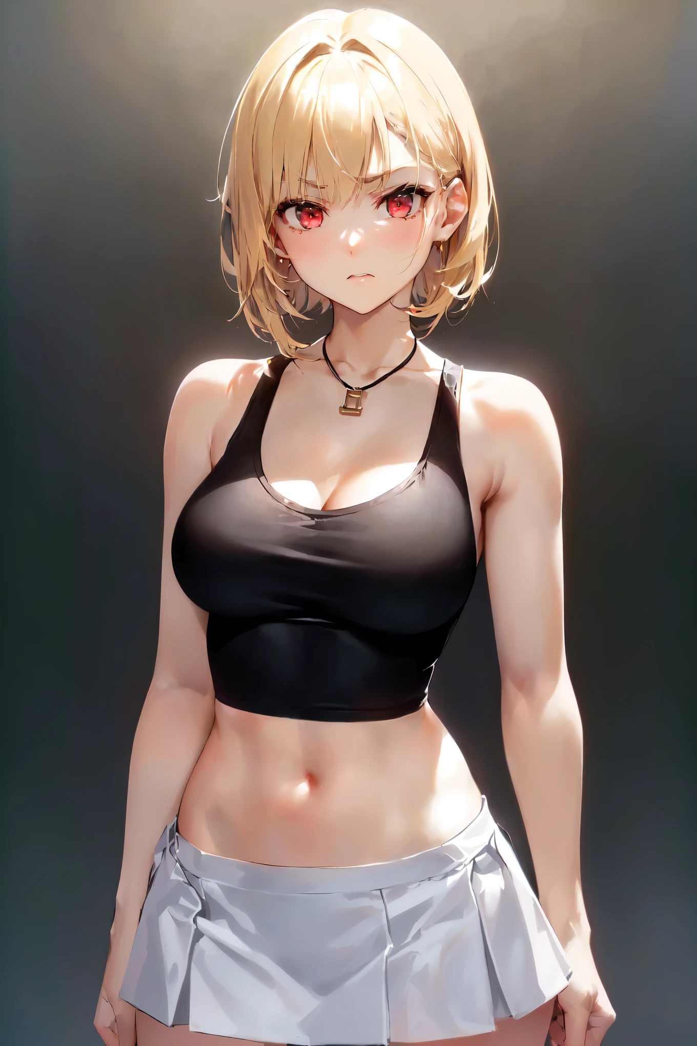 name zoe. 20 year old ager, beautiful angelic face. red eyes. White skin color. Height 1,70, detailed physique, large and firm breasts, Short blonde hair. CLOTHES, black tank top. white mini skirt, Body detail, straight and firm posture looking towards the camera. angry expression on face. bothers, expresion en los ojos de bothers