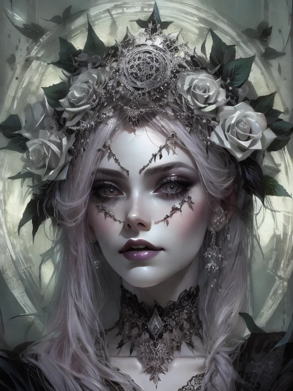 A pale goth woman with black roses in her hair, grey eyes and silver makeup wearing an elaborate headdress made of lace and thorns, a pentagram necklace around her neck and flowers on top of her head, digital art in the style of daniel f gerhartz and Ray Caesar, detailed portrait. --ar 3:4