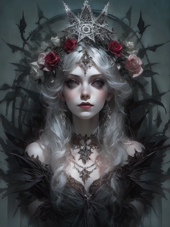 A pale goth woman with black roses in her hair, grey eyes and silver makeup wearing an elaborate headdress made of lace and thorns, a pentagram necklace around her neck and flowers on top of her head, digital art in the style of daniel f gerhartz and Ray Caesar, detailed portrait. --ar 3:4