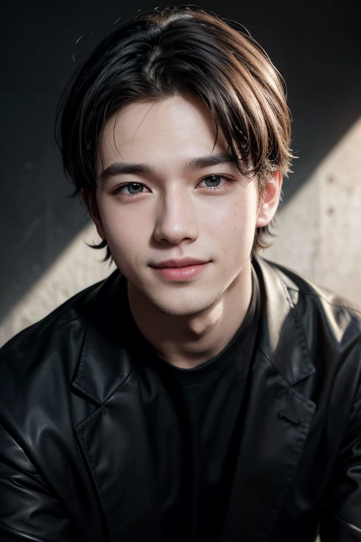 CRU photo, face portrait photo of handsome 26 year old rock pop singer.The man, cute face, wearing black dress, happy face, hard shadows, cinematic shot, dramatic lighting
