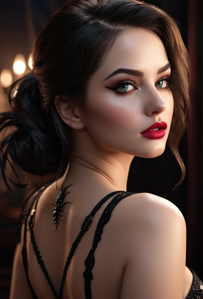 a beautiful woman's back with a scorpio tattoo, hyper-realistic, detailed skin texture, masterpiece, 8k, beautiful detailed eyes, beautiful detailed lips, extremely detailed face, long eyelashes, realistic, photo-realistic, physically-based rendering, vivid colors, dramatic lighting, intricate details, cinematic composition, gothic fashion, dramatic pose, brunette hair, noce bodt, medium breasts, 