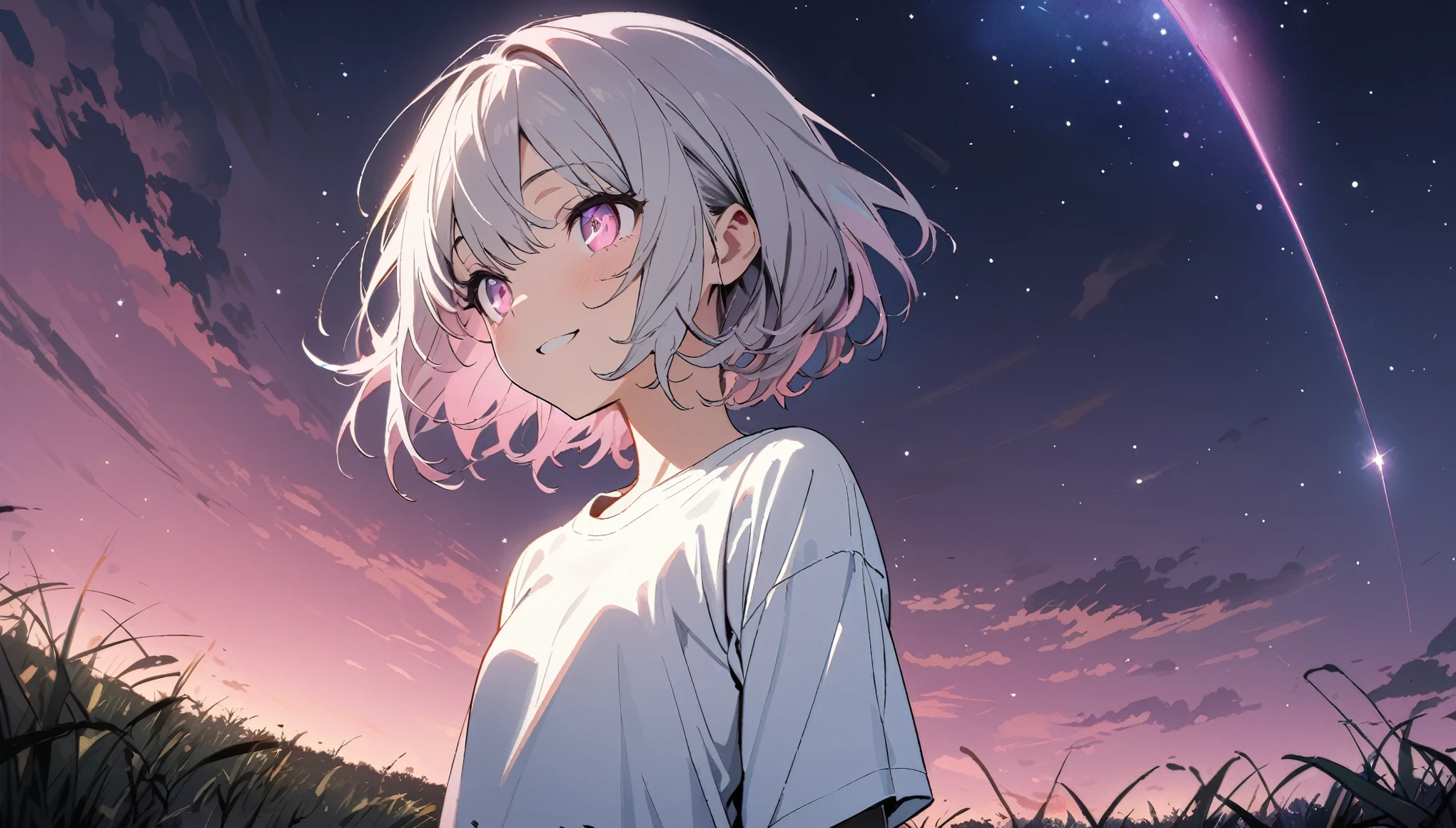 1girl, solo, pink eyes, (detailed eyes), flat chest, pink eyes, (detailed eyes), gentle smile on her face, short hair, silver hair, ((white t-shirt)), simple t-shirt, black skirt, black socks, upper body, ((masterpiece, illustration, best quality)) standing on a field viewing the night sky with dark clouds and stars, a comet passing by, and many stars, upper body, pink and blue night sky