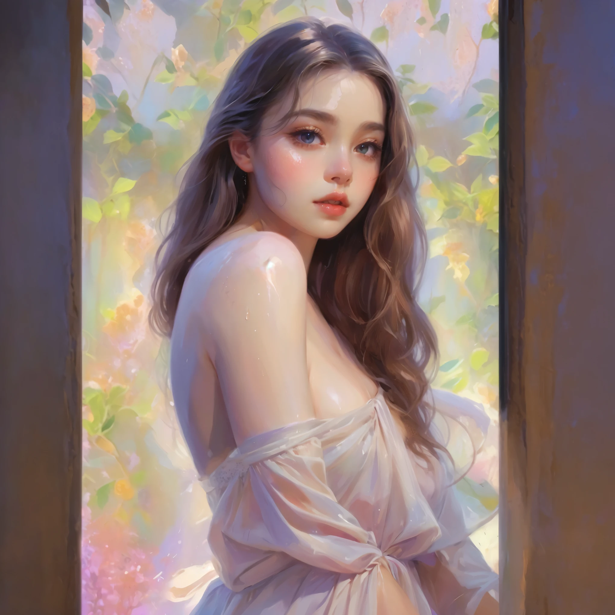 1girl, solo, beautiful detailed eyes, beautifully detailed lips, pale skin, delicate features, porcelain-like complexion, elegant pose, graceful posture, ethereal beauty, light atmosphere, soft and subtle lighting, delicate, fine brushstrokes, realistic rendering, vibrant colors, dreamlike ambiance, soft painting style, a sense of tranquility, a masterpiece capturing the essence of purity and grace, gorgeous breasts, cleavage, sexy, ((aesthetic soft painting background)), (Style by NTY), sexy, ((rainbow glowing specks on the skin)), ((wet skin)), mascara, eyelashes, glitter on her face, sexy lips, nice contrast, light particles, soft lighting, volumetric lighting, finely detailed, ((big breasts)), (((looking at the viewer))), extremely beautiful eyes,
Extremely detailed eyes