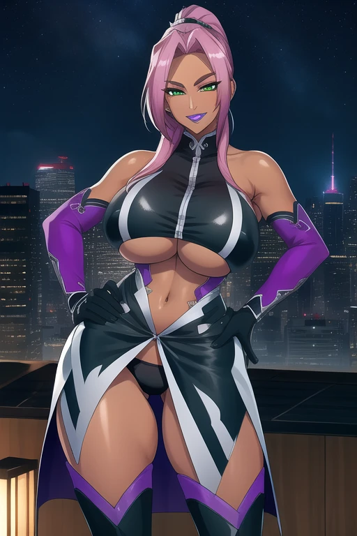 (high quality:1.1), intricate details, cinematic lighting, official art,
(Ingrid:1.1), dark-skinned female, (hand on own face:1.1), hand on hip, cowboy shot, close-up,
determined, smirk, (looking at viewer:1.1), seductive smile,
purple hair, long hair, ponytail, makeup, purple lips, lipstick, thick eyebrows, green eyes,
(helloutfit:1.1), underboob, elbow gloves, thigh boots, highleg panties, bare shoulders,
curvy, midriff, gigantic breasts, areola slip, (covered nipples:1.1),
night, night sky, rooftop, skyscraper,