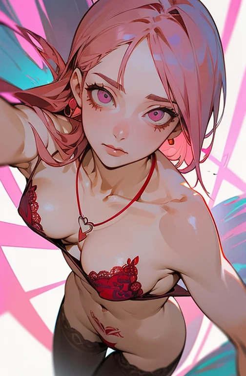 Cool women、y、Center of chest、Rize from Chainsaw Man、beauty、Yandere、、Face close-up、Chest tattoo、Red lace、necklace、(look up)、(Pink Hair)、(Angle from the butalone)(Beach).(Apply tanning oil to your back).