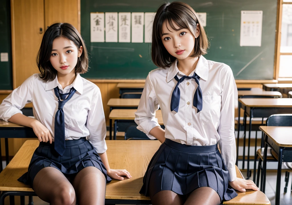 a girl,(Tabletop, Highest quality, Very detailed), One Girl, Purple eyes, Blonde, Dark Skin, short hair、Perm Hair、((Japanese School Uniform))、((pantyhose))、(In school)、(mini skirt)、Black panties