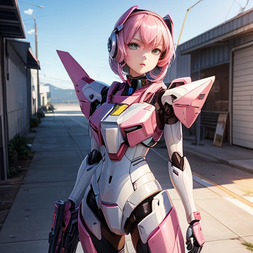 A picture of a beautiful girl robot with a gun, Streamlined pink armor, modern Mecha anime, cool Mecha style, female Mecha, Gundam Armor, Mobile Suit, アニメ Mecha アーマー, # Mecha, 妨害Mecha, Eva Unit 0 in the back, Anime Manga Robot!! Anime Girls, an anime large Mecha robot, Gundam Style　Plastic Models