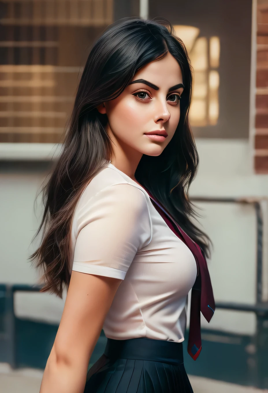 a potrait of a woman wearing a tie and skirt, in the art style of bowater, hyperrealistic , realistic cute girl painting, a hyperrealistic , realistic , realistic digital illustration, style of charlie bowater, realistic cartoon, female camila mendes, inspired by Glòria Muñoz, photorealistic fan art, official fanart