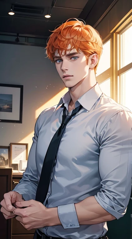 (best quality, masterpiece, 8K, photorealistic, cinematic lighting, hdr image, ultra detailed, beautiful image), 1 man, 31 years old, mature man, very handsome, (without expression, serious), short orange hair, blue grey eyes ( penetrating gaze), perfect face without errors, imposing posture, without errors, businessman, office background