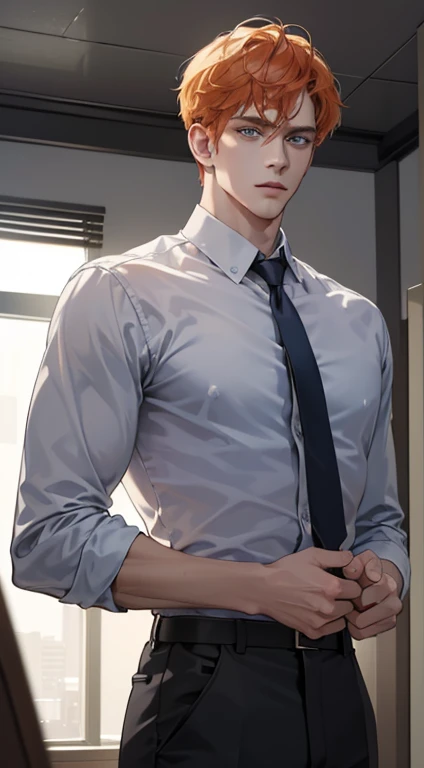(best quality, masterpiece, 8K, photorealistic, cinematic lighting, hdr image, ultra detailed, beautiful image), 1 man, 31 years old, mature man, very handsome, (without expression, serious), short orange hair, blue grey eyes ( penetrating gaze), perfect face without errors, imposing posture, without errors, businessman, office background