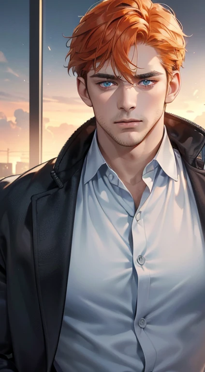 (best quality, masterpiece, 8K, photorealistic, cinematic lighting, hdr image, ultra detailed, beautiful image), 1 man, 31 years old, mature man, very handsome, (without expression, serious), short orange hair, blue grey eyes ( penetrating gaze), perfect face without errors, imposing posture, without errors, businessman, office background