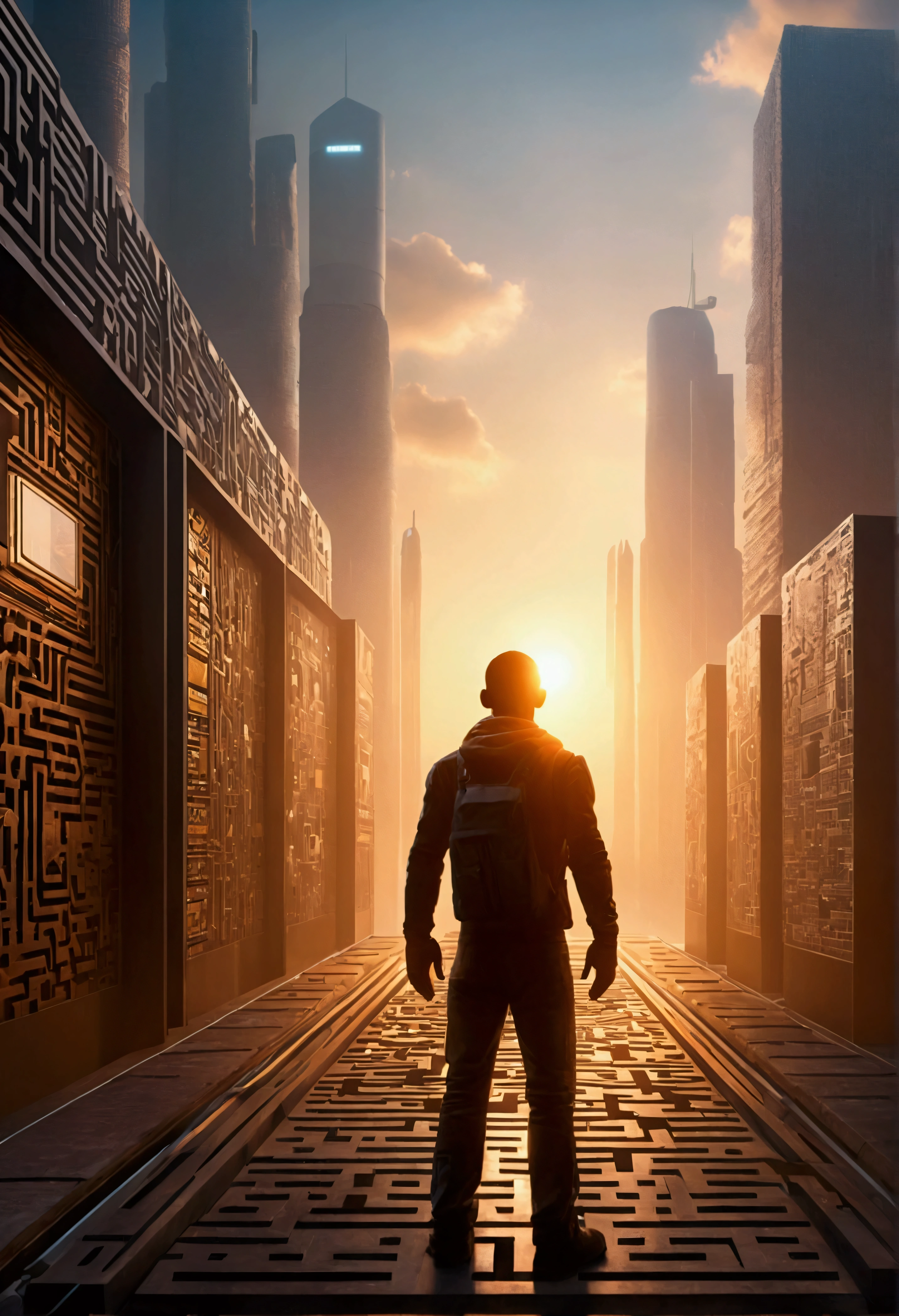 A cinematic dawn, The sun struggles to break through the smog above Cyber City, Where an augmented reality human starts his day in a maze of steel and digital signage, Man Standing