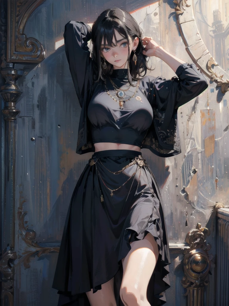 absurdres, RAW photo, extremely delicate and beautiful, masterpiece, Best Quality, ultra high resolution, 32k, hyperrealistic, ultra-detailed, perfect anatomy, anatomically correct, perfect figure, Perfect Style, Perfect balance, super Detailed skin, in her 30s, very Slim body, narrow waist, very small head, very small face, delicate facial features, handsome detailed woman, very detailed eyes and face, realistic face proportions, Realistic beautiful face, Realistic beautiful eyes, tearful mole, earring, huge round tits, whole body shot, medium hair, outdoor, tight skirt, cropped T-shirt, Leaning against wall, arms up behind,