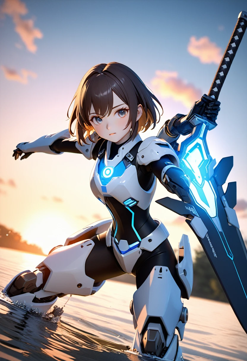 ((Highest quality)), ((masterpiece)), (Get used to it:1.4), 3d,High resolution (High Dynamic Range),Ray Tracing,NVIDIA,Super Resolution,Unreal 5,Scattered under the water,PBR Texturing,Post-processing,Anisotropic Filtering,Written boundary depth,Maximum clarity and sharpness,Multilayer Texture,Albedo and Specular Maps,Surface Shading,Accurate simulation of light-matter interactions,Perfect Proportions,Octane Rendering,Two-tone lighting,wide aperture,Low ISO,White balance,Three-part method,8K RAW, Only one female, (look up) From above, /(Dark brown hair/) bangs, Blushing, I laughed lightly., Hurricane Blue, (sunrise stance:1.3), (Have a weapon:1.3), whole body, A woman in costume holding a Japanese sword, Mechanized Valkyrie Girl, Anime Goddess, Girl in Armor, Cool mecha style, A mix of anime robots and organic matter, Anime Manga Robot!! Anime Girls, Beautiful luminous details , Fluorescent blue, Broken Armor,
