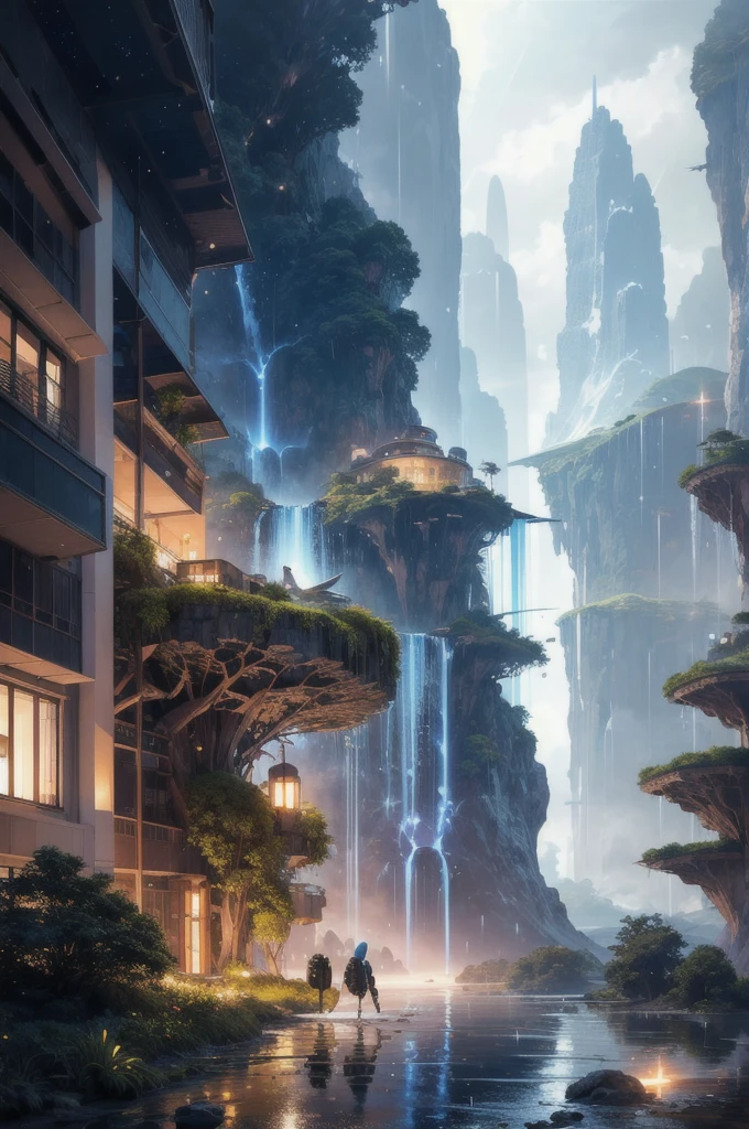 (Realistic:1.5) multiple others, lens flare, floating island, motor vehicle, architecture, spacecraft, rain, very wide shot, indoors, night sky, ambiguous gender, path, cloud, planet, day, backpack, from behind, lightning, waterfall, bird,