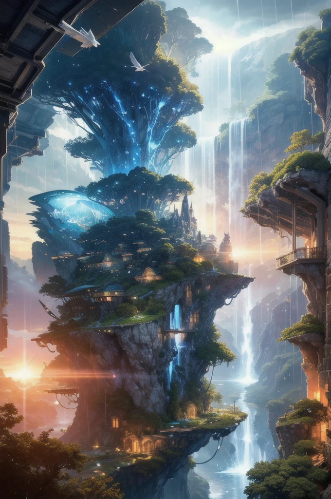 (Realistic:1.5) multiple others, lens flare, floating island, motor vehicle, architecture, spacecraft, rain, very wide shot, indoors, night sky, ambiguous gender, path, cloud, planet, day, backpack, from behind, lightning, waterfall, bird, 
