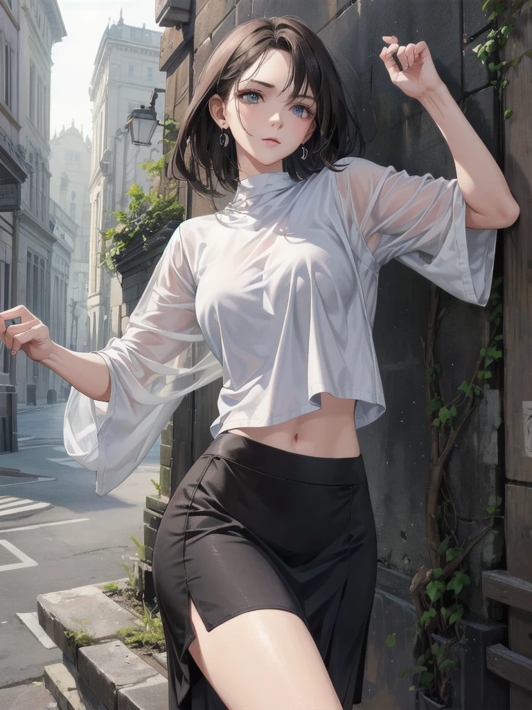 absurdres, RAW photo, extremely delicate and beautiful, masterpiece, Best Quality, ultra high resolution, 32k, hyperrealistic, ultra-detailed, perfect anatomy, anatomically correct, perfect figure, Perfect Style, Perfect balance, super Detailed skin, in her 30s, very Slim body, narrow waist, very small head, very small face, delicate facial features, handsome detailed woman, very detailed eyes and face, realistic face proportions, Realistic beautiful face, Realistic beautiful eyes, tearful mole, earring, huge round tits, whole body shot, medium hair, outdoor, tight skirt, cropped T-shirt, Leaning against wall, arms up behind,