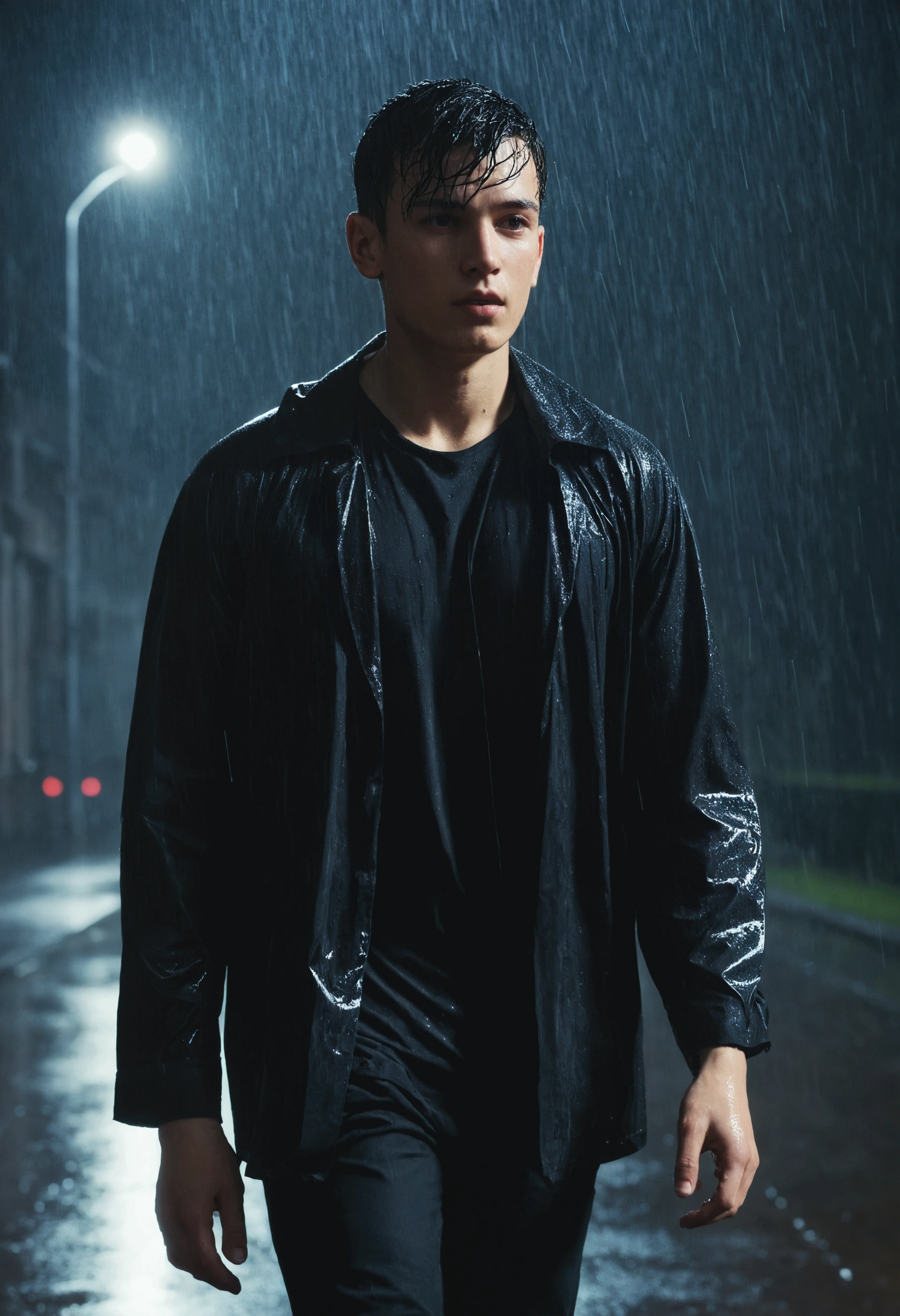 A young man in black clothes walking in the rain,Dark Animate