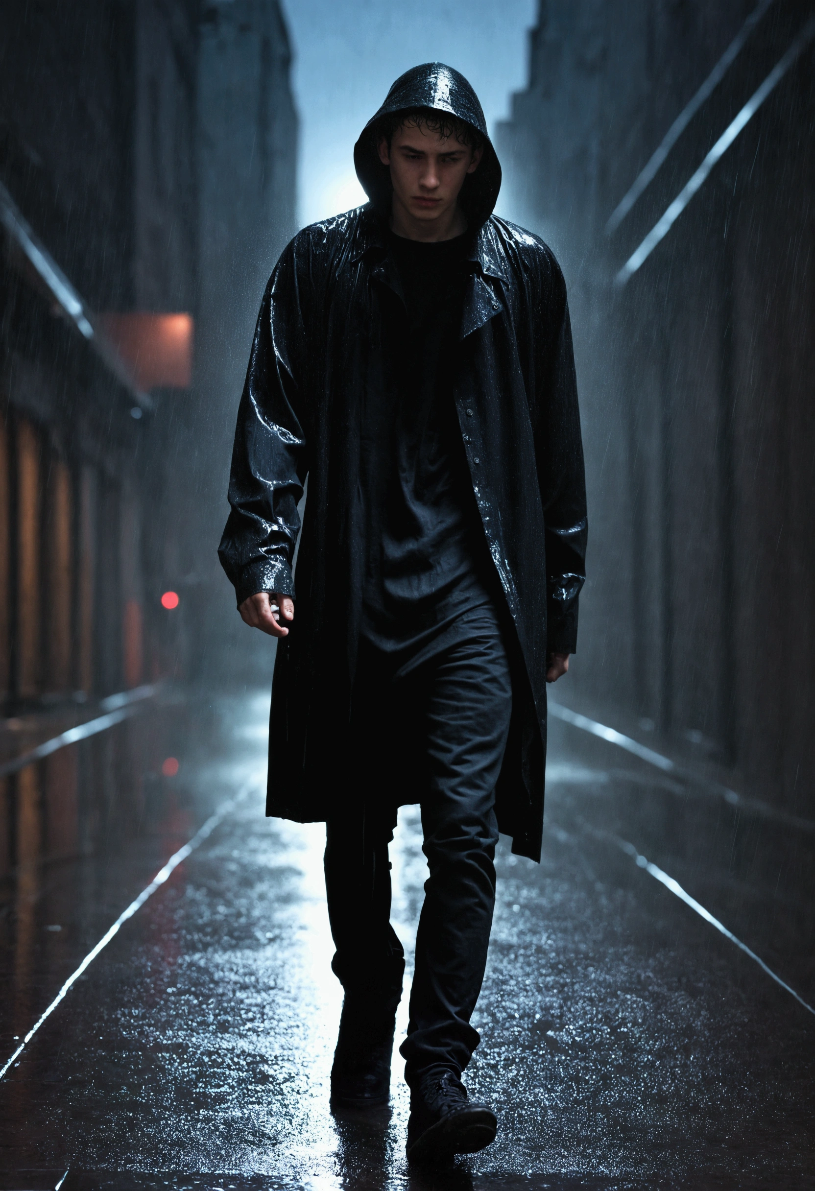 A young man in black clothes walking in the rain,Dark Animate