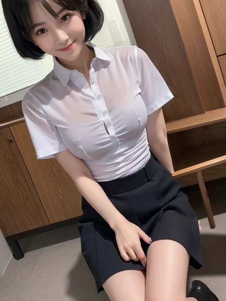 Highest quality、masterpiece、8k、Very detailed、Realistic、One girl、Looking at me with a smile、Black Hair、Short Hair、Small face、Slender、Big Breasts、Thin and beautiful legs、narrow and constricted waist,、(Open center tight shirt:1.5)、Tight Skirt、Dressed like a female teacher、(Erect nipples:1.2)、(50 years old)、(Wrinkles around the eyes)、(wrinkles around the mouth)