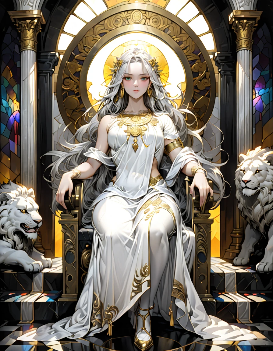 Classic Oil painting of an anthropomorphic Lionness God of Light stqnding, in a white toga with silver trim, and intricate gold amulet. Close behind her a square marble throne, ornate stained glass circular window behind her. Small stone steps leading up to her. Cinematic Look, highest quality, highly detailed,