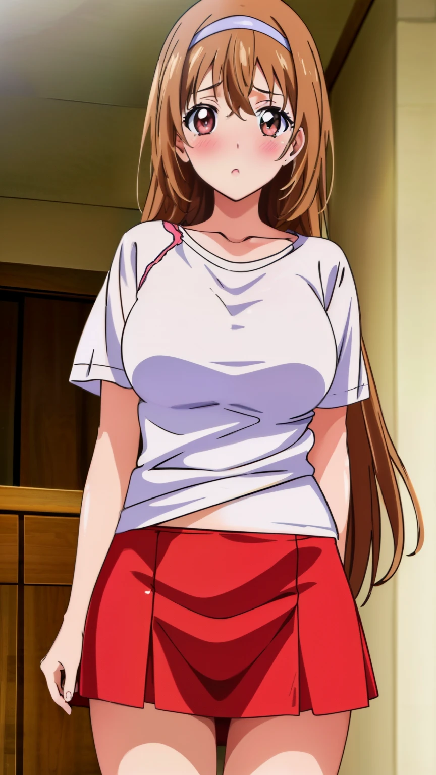 (masterpiece, best quality, high resolution, 8k:1.2),anime, highly detailed, Ayumumo, One Girl, alone, hair band, (Large medium breasts:0.8), (T-shirt, tight skirt, blush, room), Cowboy shot, looking at viewer,