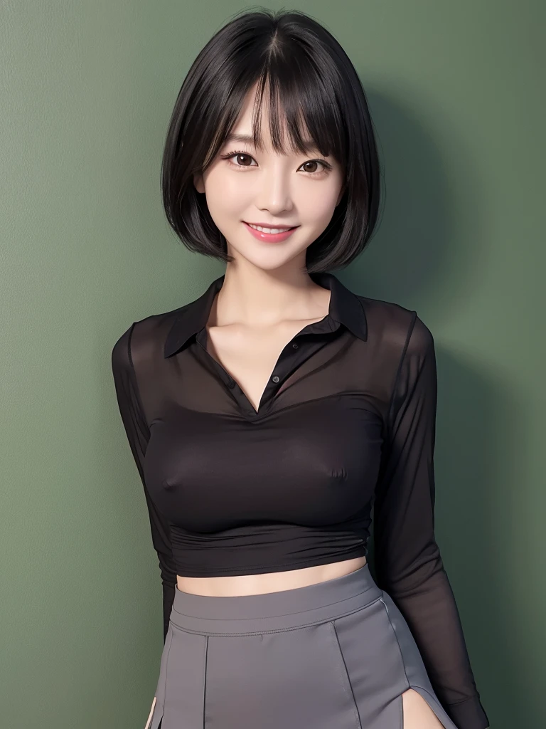 Highest quality、masterpiece、8k、Very detailed、Realistic、One girl、Looking at me with a smile、Black Hair、Short Hair、Small face、Slender、Big Breasts、Thin and beautiful legs、narrow and constricted waist,、(Open center tight shirt:1.5)、Tight Skirt、Dressed like a female teacher、(Erect nipples:1.2)、No sleeve