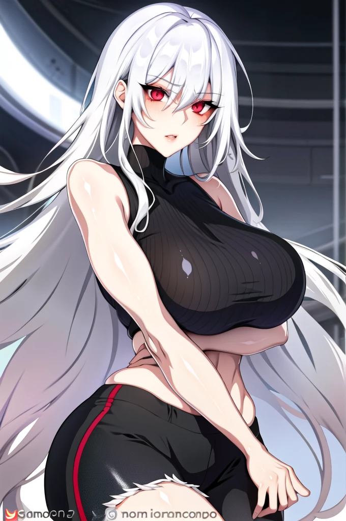 1girl, bangs, bare shoulders, black pants, breasts, breasts squeezed together, gray background, hair between eyes, huge breasts, long hair, looking at the audience, pants, lips apart, red eyes, shirt, simple background, sleeveless, sleeveless shirt, solo, turtleneck, v arms, white hair, realist, photorealistic, (shiny skin: 1.2)