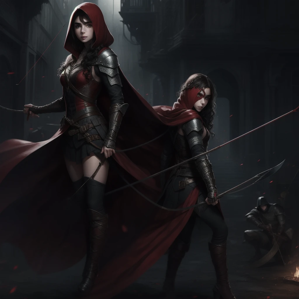 Lily Collins with black curly hair with red hood, medieval clothes, bow and arrow in hand, entering an arena landscape filled with bleachers and audience watching the illustration is detailed, smooth and bright, HD art by Citemer Liu