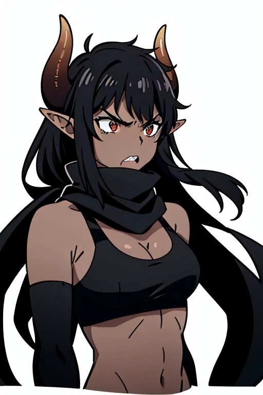 (1girl ,25s,adult,mature female),long hair, black hair,horns,elf ears,((black scarf)),cleavage,(((dark skin))),(black sports bra, midriff),(white background, line drawing),black sleeves, upper body,looking at view,((angry)),((from front,pov))