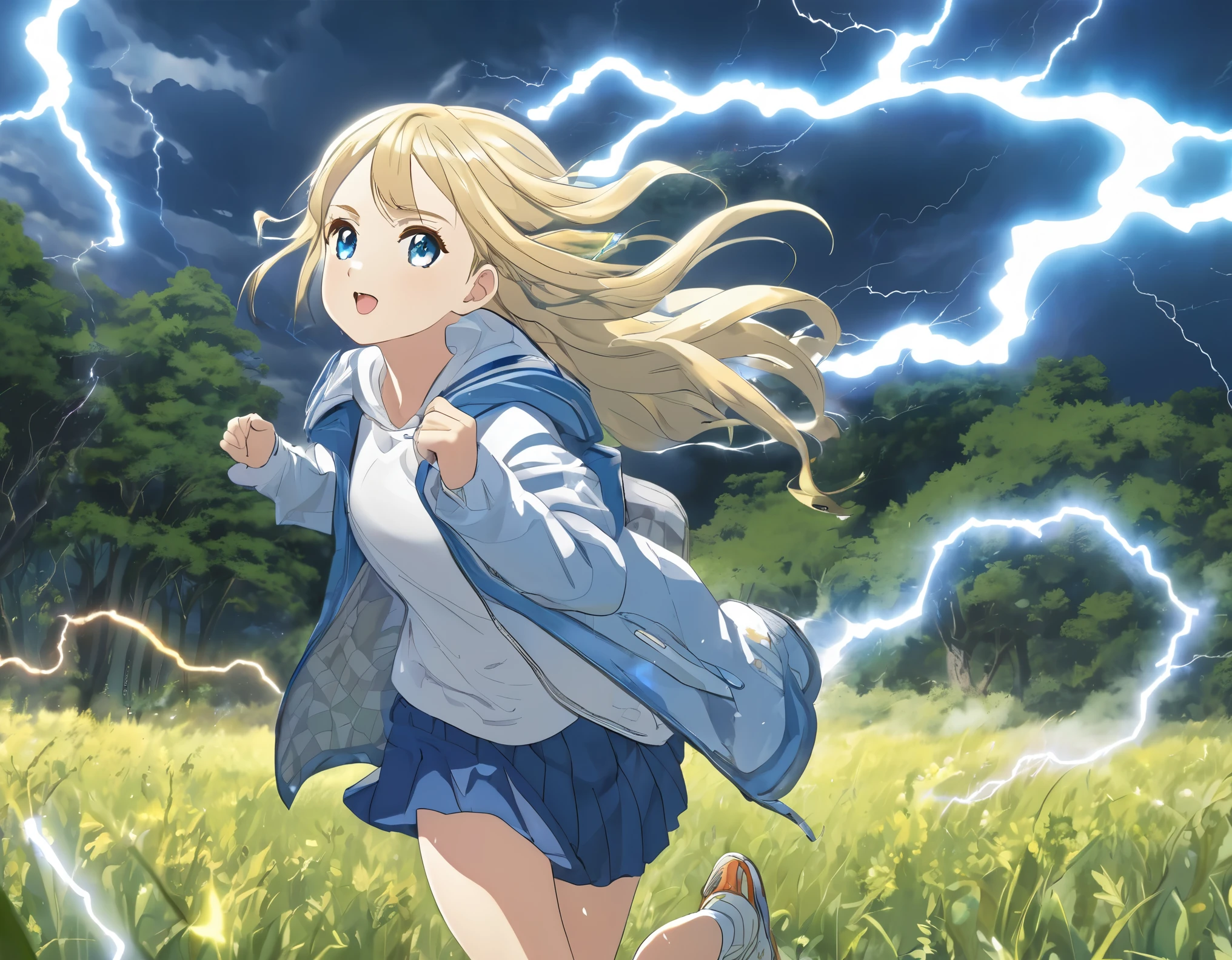 Light blue long hair、Twin-tailed Girl, Flowing hair and a stern face, Running through the forest、A white Western-style castle in the background、Splash Art、White owl flying in the sky、She is wearing an oversized jacket, Casual T-shirts, and short skirt, Complement with sneakers. Lightning from the sky、 A flash of light runs、Face Highlights、The girl is depicted in an action pose, Release your energy and sense of adventure, A gentle breeze blows through her hair. anime girl in a field with lightning in the sky, goddess of lightning, Splashes of lightning behind her, with lightning, detailed lighting and thunder, she is attracting lightning,