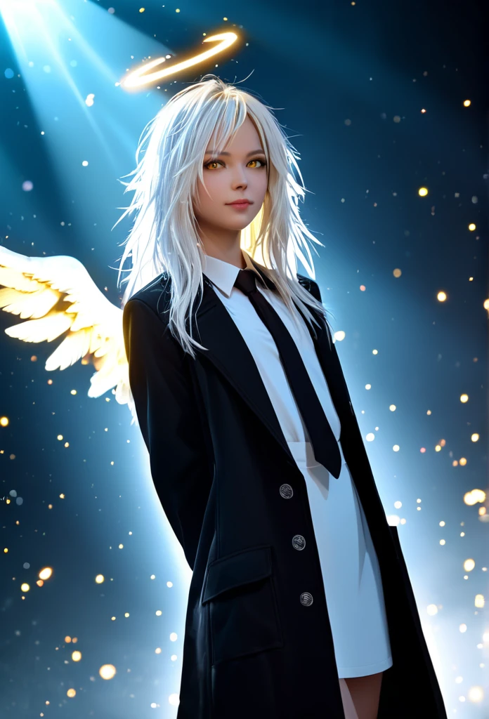 (masterpiece, best quality:1.3), (ultra-detailed:1.3), 1girl, solo, (white hair, messy hair, long hair), (angel wings, angel halo), flat chest, yellow eyes, (white shirt, black necktie, black coat, open coat), cowboy shot, cinematic lighting, (((glowing light particles))), (arms behind back), dynamic angle,