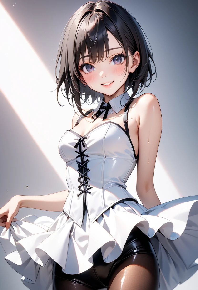 (((Wearing an elegant, shiny gothic White dress, corset and skirt, pantyhose))), skinny, solo, 1 woman, Masterpiece, highest quality, highest quality, 16K, incredibly absurd, highly detailed, 2.5D, ai-generated, delicate and dynamic, very delicate facial expressions, delicate eye depiction, erotic, only sexy woman, ((A cute and kind face)), healthy figure, ((25-year-old woman)), 160cm tall, medium firm swaying bust,, blush, Sweat,Embarrassed,sexy, ((thin thighs)), (Erect nipples,:0.5), shiny and lustrous, facing straight at viewer, smile, ((Oily_skin)), ((dutch angle)), ((erotic pose)), Fashion Model poses, Fashion Model style, (Close-up),